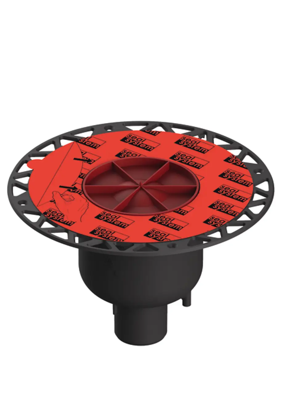 TECE Ablaufgerät mit einer roten Dichtung, senkrecht montierbar, mit mehreren Durchflussöffnungen und einer runden Abdeckung aus Kunststoff.